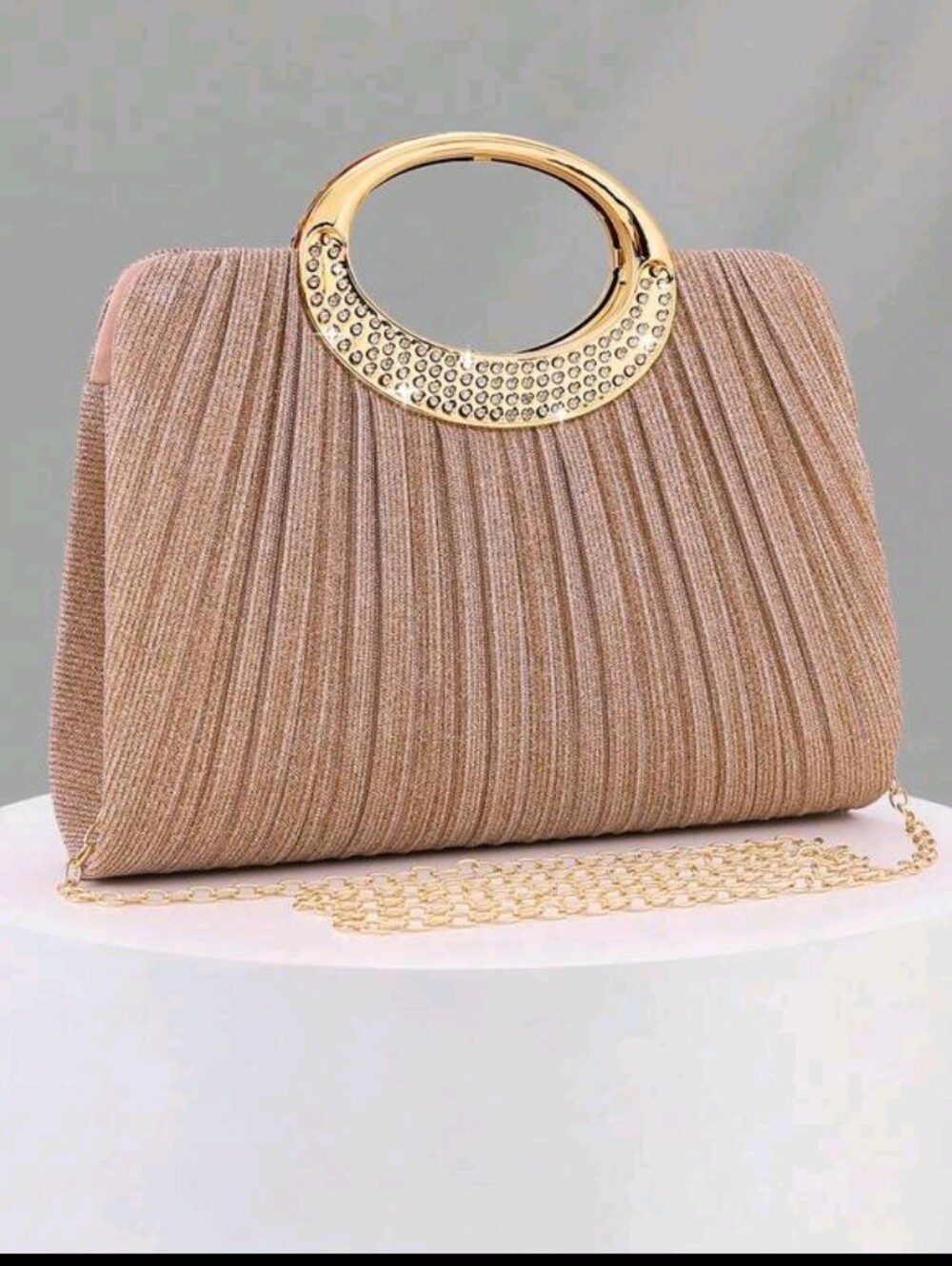 BRAND NEW ** Elegant Gold-Accented Taupe Pleated Evening Clutch